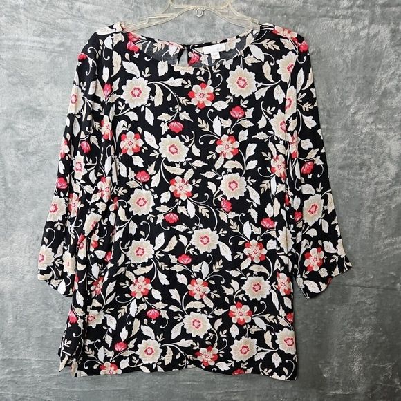 J. Jill Tops - J Jill Black Red Floral Top Lg 3/4 sleeve rayon